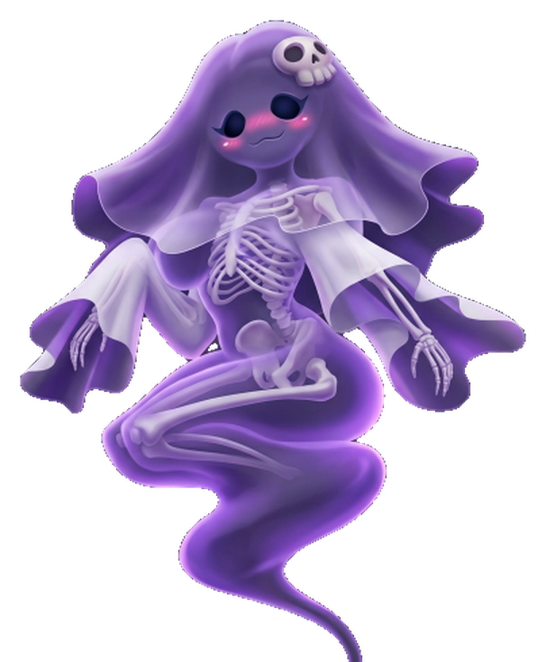 Phantom Chan, a purple ghost girl with a visible skeleton, a skull hair clip and a flowing blanket